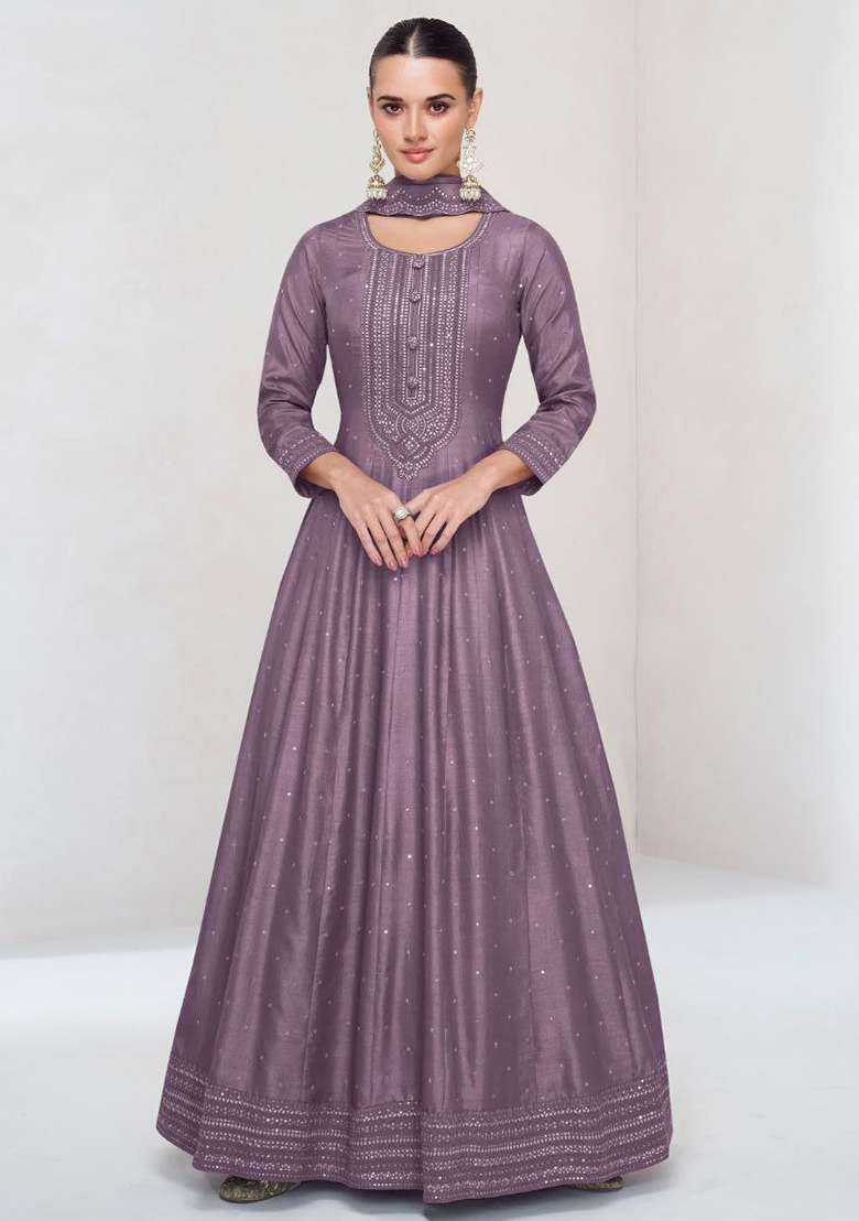 Lavender Embroidered Blended Anarkali Set - Indya