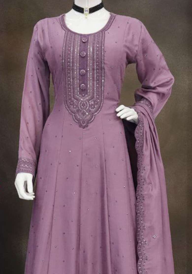 Lavender Embroidered Blended Anarkali Set - Indya