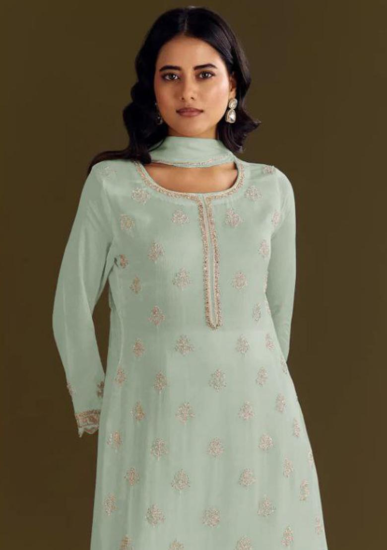 Blue Emboridery Blended Anarkali Salwar Kameez