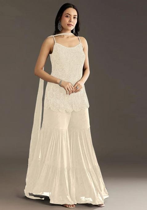 Beige Emboridery Blended Anarkali Salwar Kameez