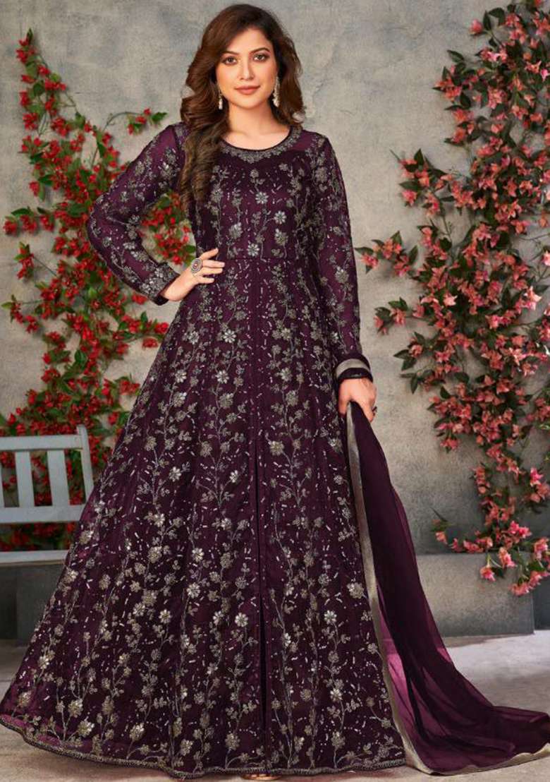 Purple Embroidered Blended Anarkali Set - Indya