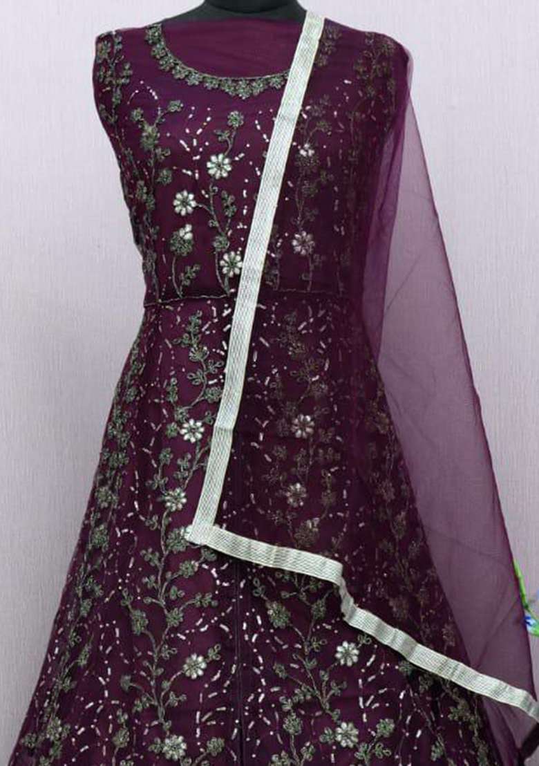 Purple Embroidered Blended Anarkali Set - Indya