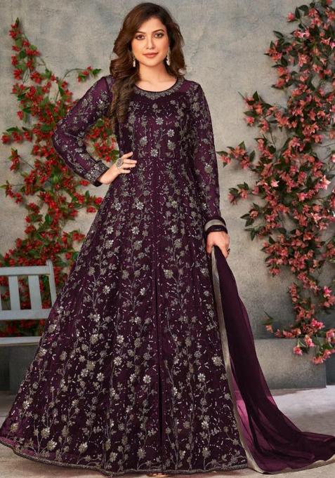 Purple Emboridery Blended Anarkali Salwar Kameez