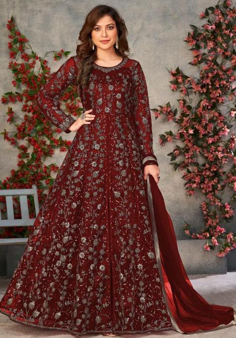 Maroon Emboridery Blended Anarkali Salwar Kameez