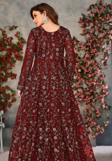 Maroon Emboridery Blended Anarkali Salwar Kameez