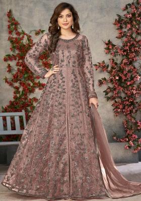 Brown Embroidered Blended Anarkali Set