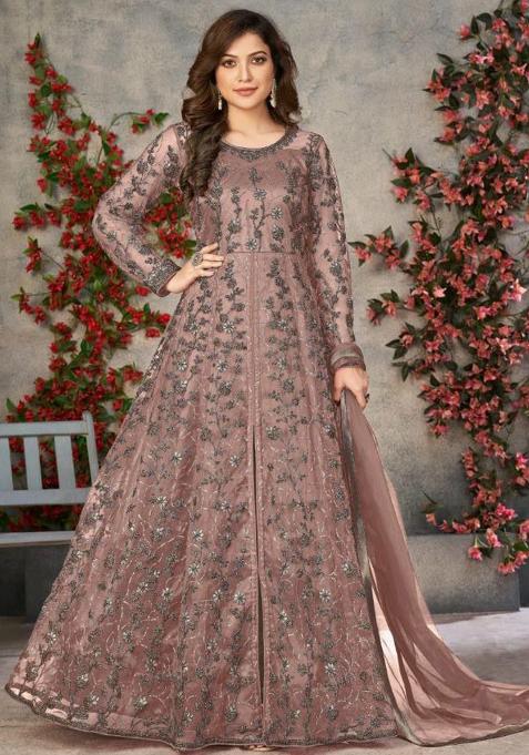 Brown Emboridery Blended Anarkali Salwar Kameez