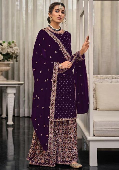 Purple Emboridery Blended Anarkali Salwar Kameez