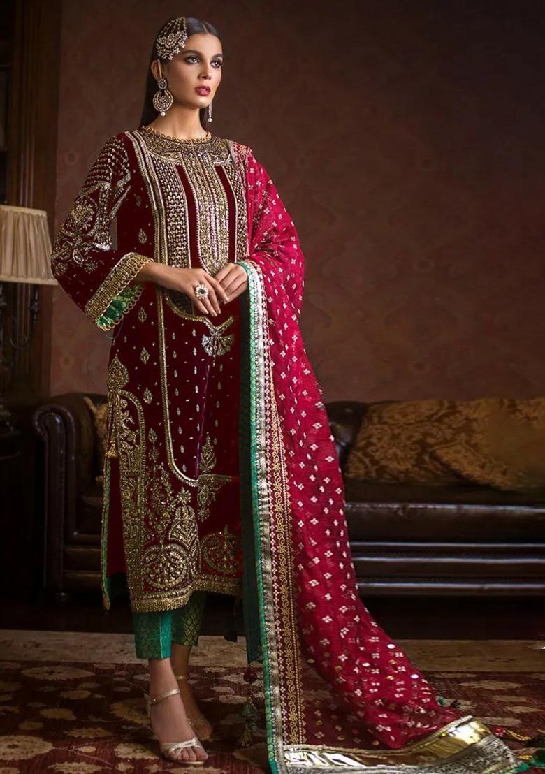 Maroon Emboridery Blended Anarkali Salwar Kameez