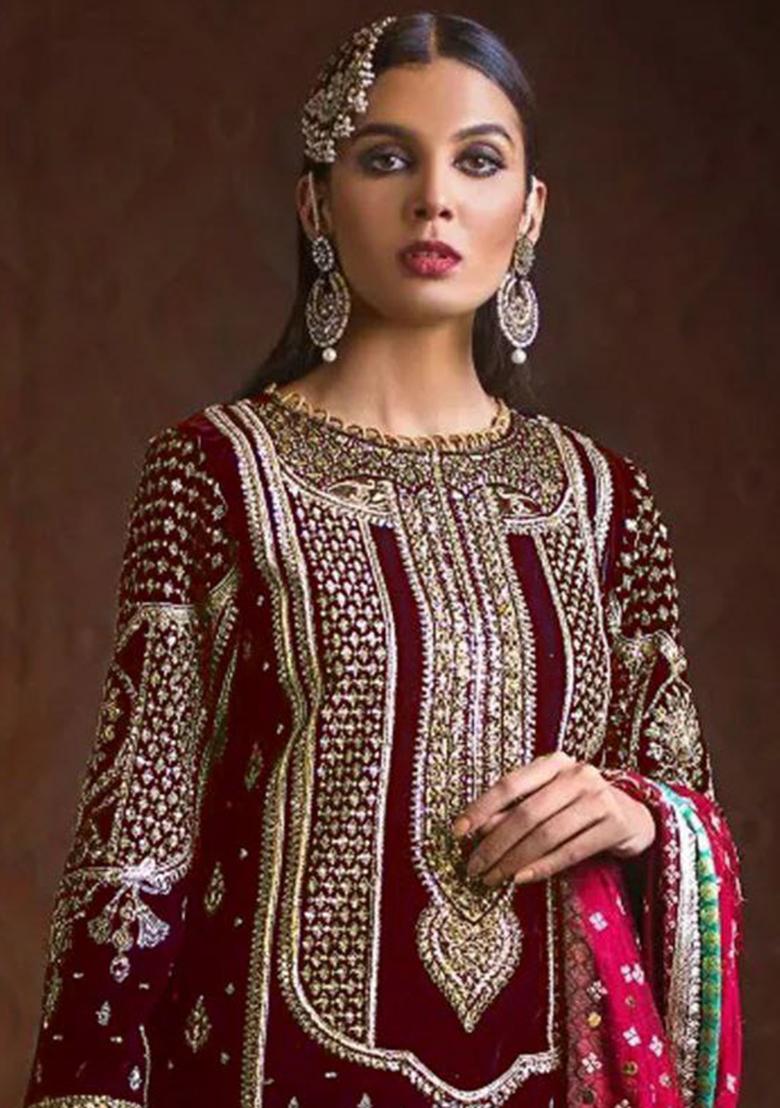 Maroon Emboridery Blended Anarkali Salwar Kameez