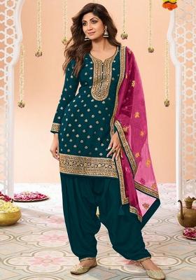 Teal Embroidered Silk Salwar Suit