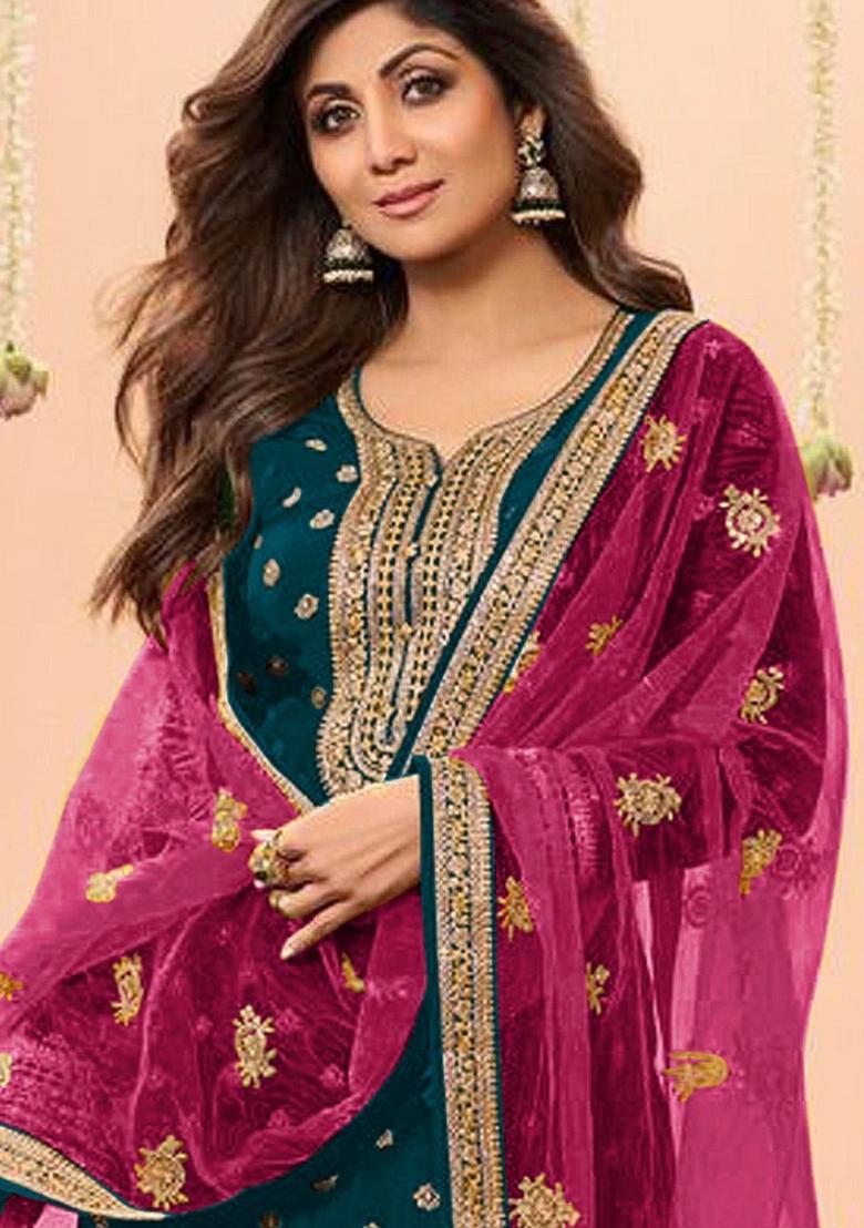 Teal Embroidered Silk Salwar Suit