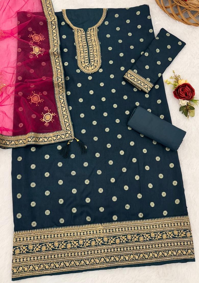 Teal Embroidered Silk Salwar Suit