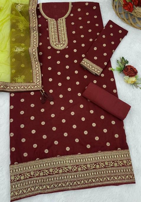 Maroon Embroidered Silk Salwar Suit