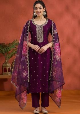 Wine Embroidered Silk Salwar Suit