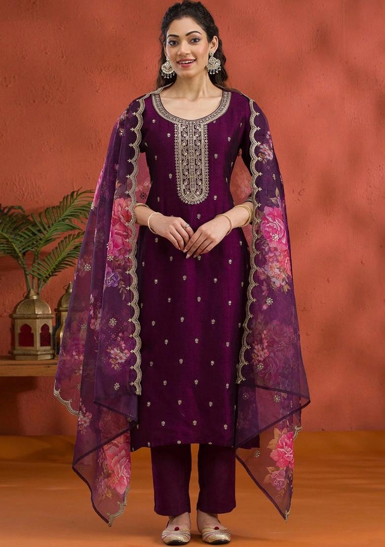 Wine Embroidered Silk Salwar Suit