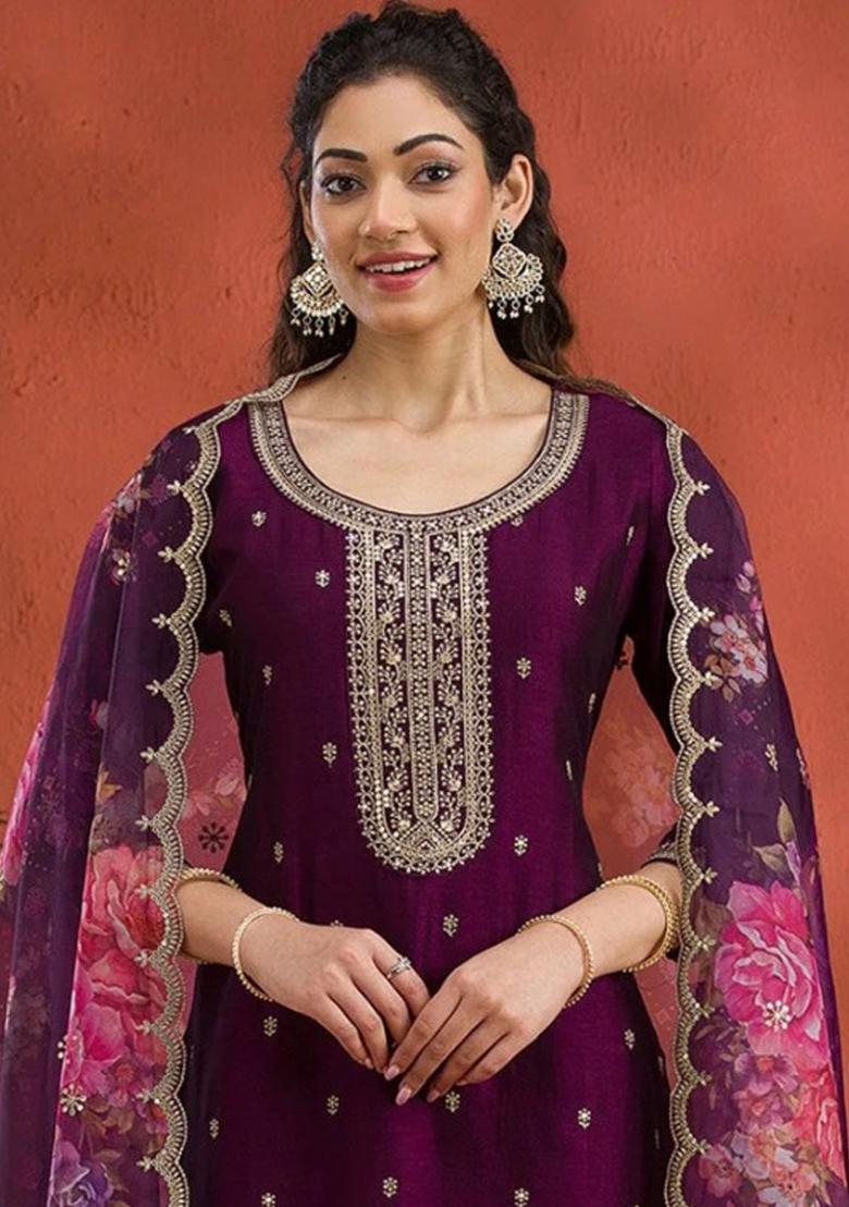 Wine Embroidered Silk Salwar Suit