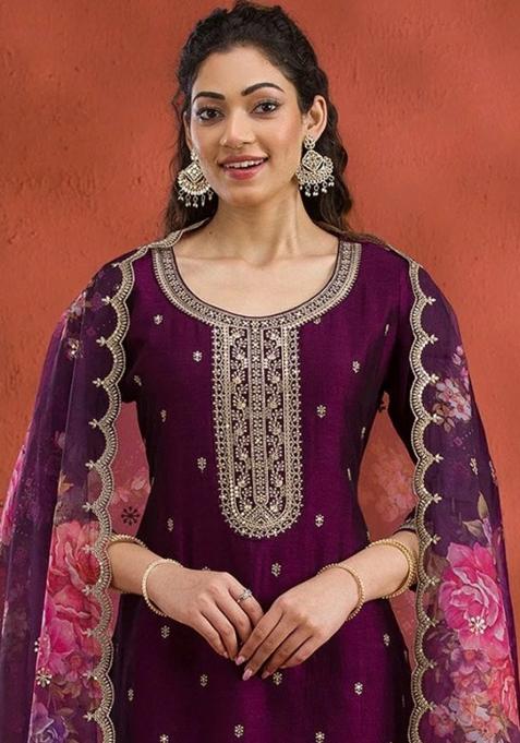 Wine Embroidered Silk Salwar Suit