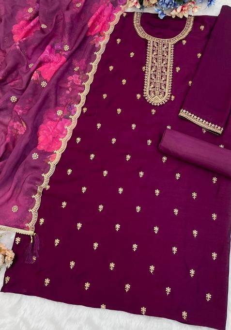 Wine Embroidered Silk Salwar Suit