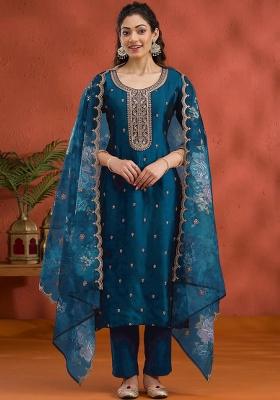 Blue Embroidered Silk Salwar Suit