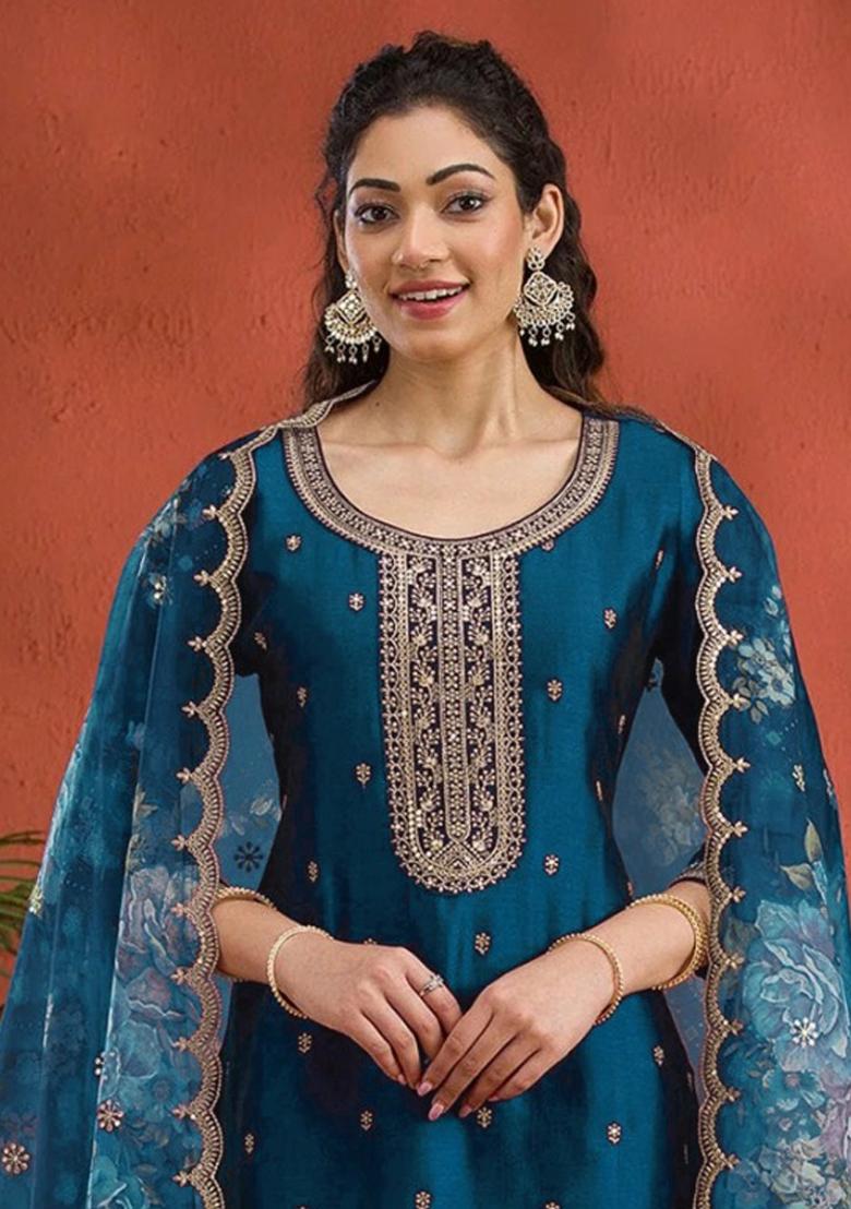 Blue Embroidered Silk Salwar Suit - Indya