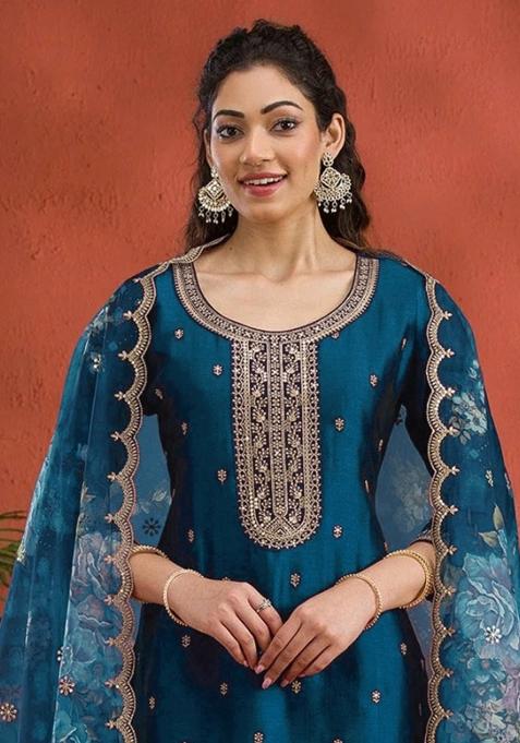 Blue Embroidered Silk Salwar Suit