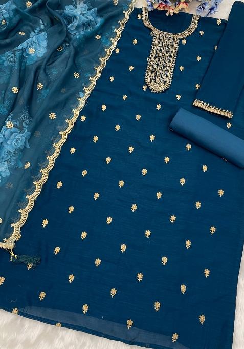 Blue Embroidered Silk Salwar Suit