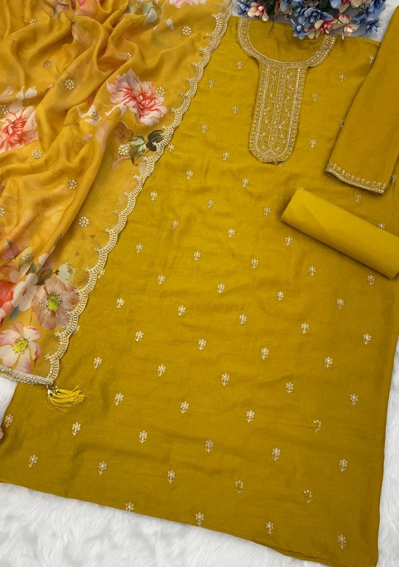 Yellow Embroidered Silk Salwar Suit