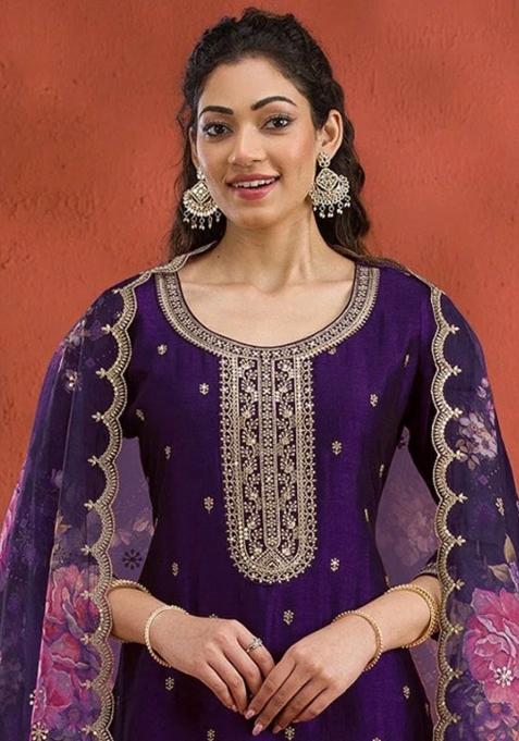Purple Embroidered Silk Salwar Suit