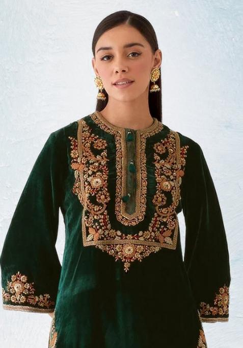 Green Embroidered Velvet Salwar Suit