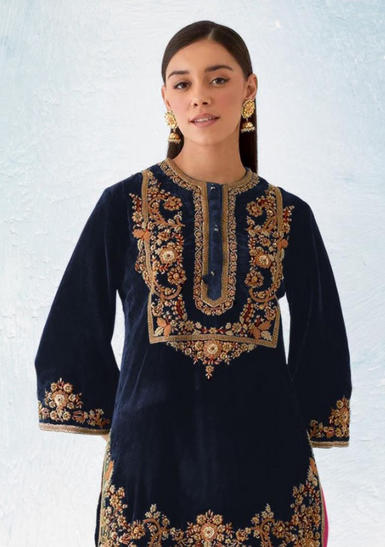 Blue Embroidered Velvet Salwar Suit - Indya