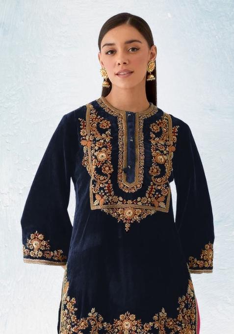 Blue Embroidered Velvet Salwar Suit