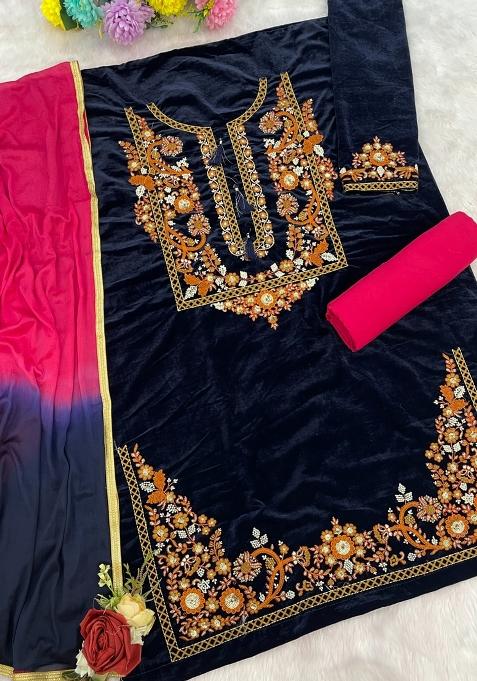 Blue Embroidered Velvet Salwar Suit