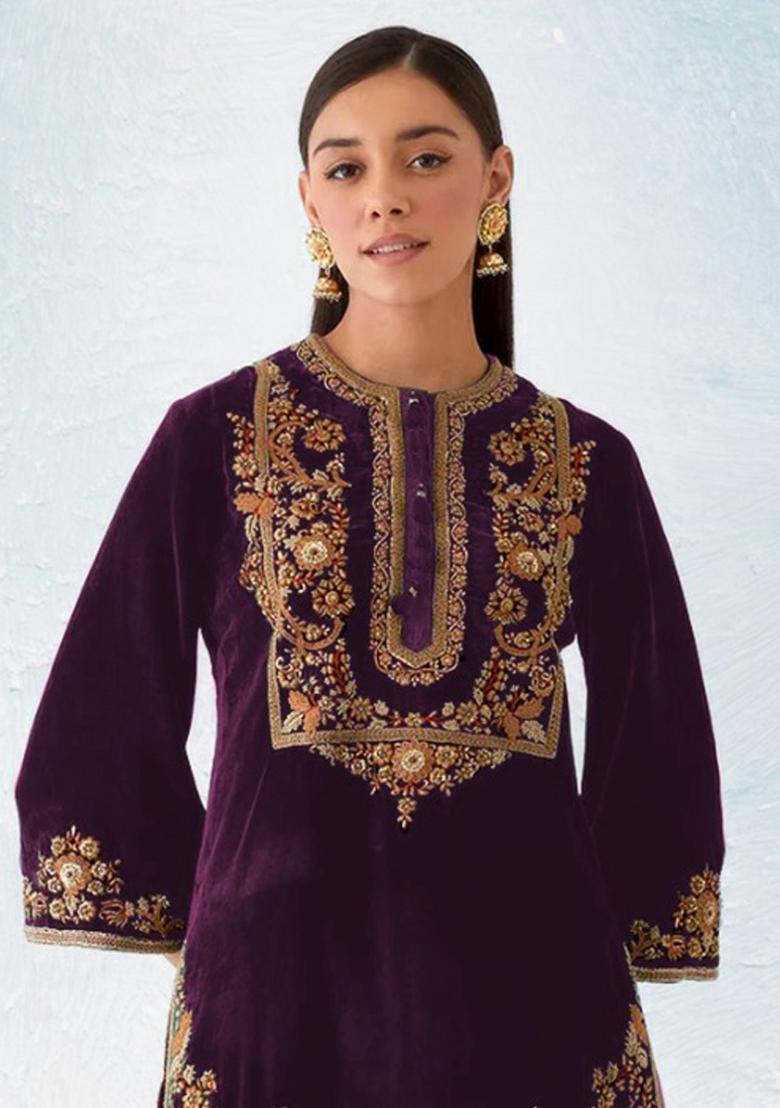 Purple Embroidered Velvet Salwar Suit - Indya