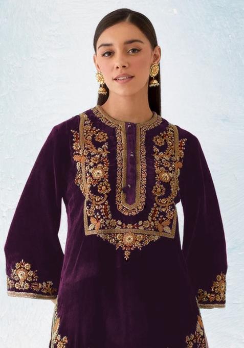 Purple Embroidered Velvet Salwar Suit