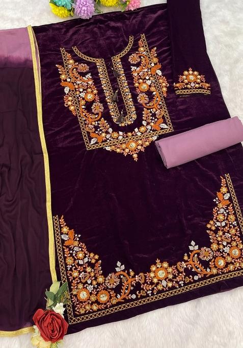 Purple Embroidered Velvet Salwar Suit