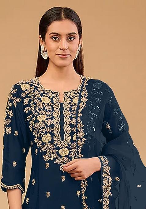 Teal Embroidered Silk Salwar Suit