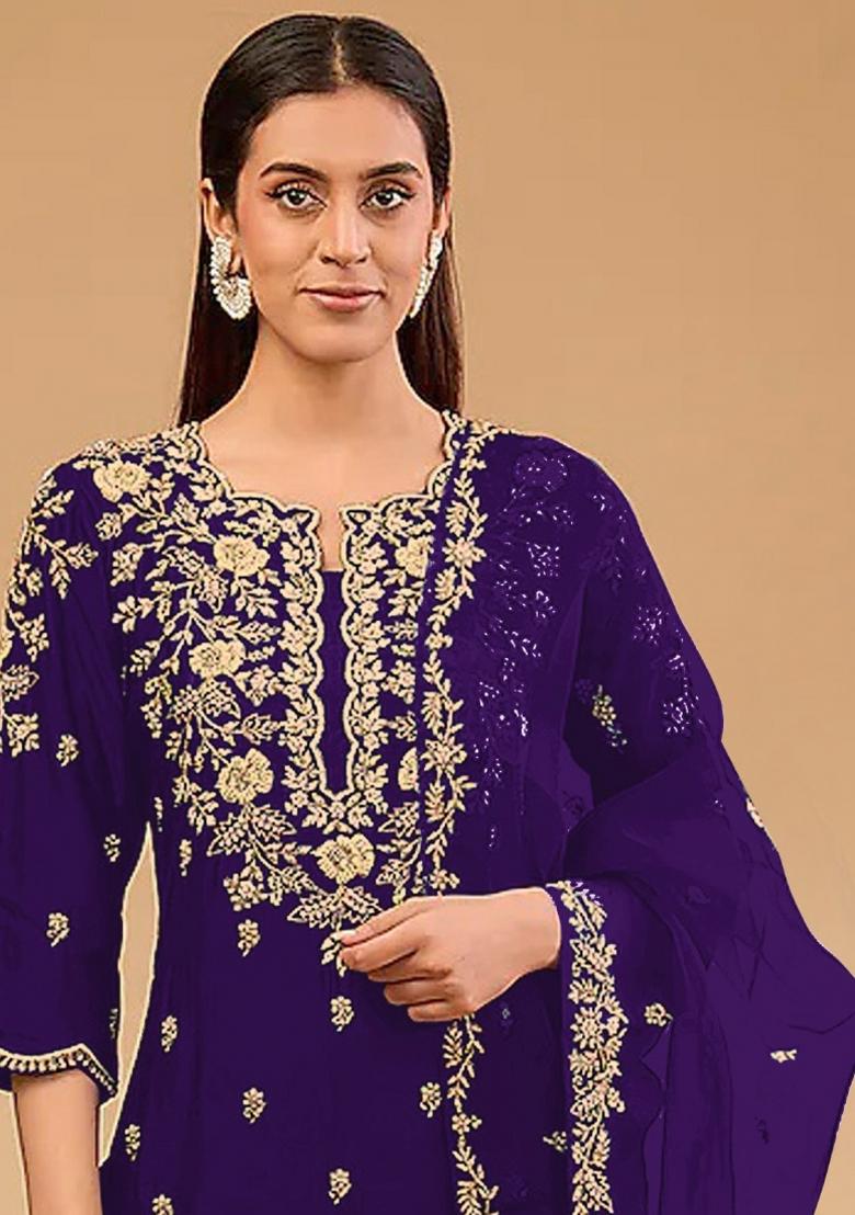 Purple Embroidered Silk Salwar Suit - Indya