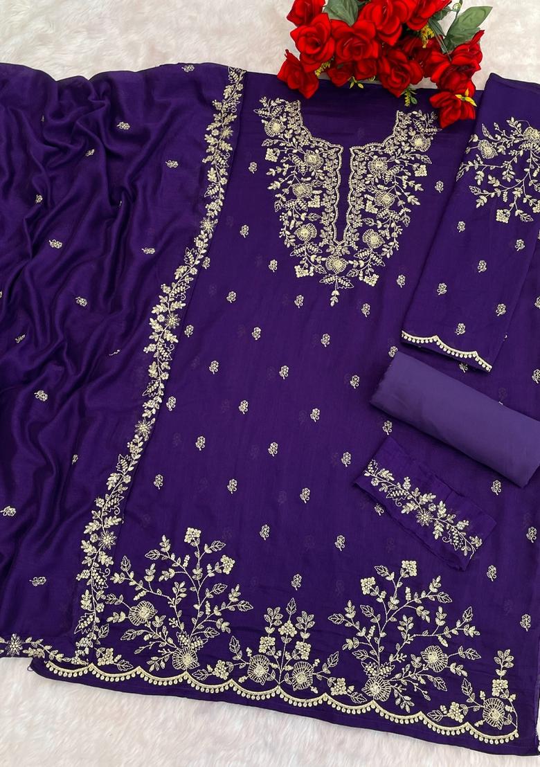 Purple Embroidered Silk Salwar Suit