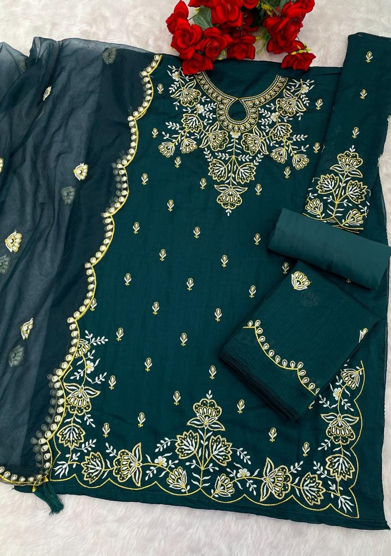 Green Embroidered Silk Salwar Suit