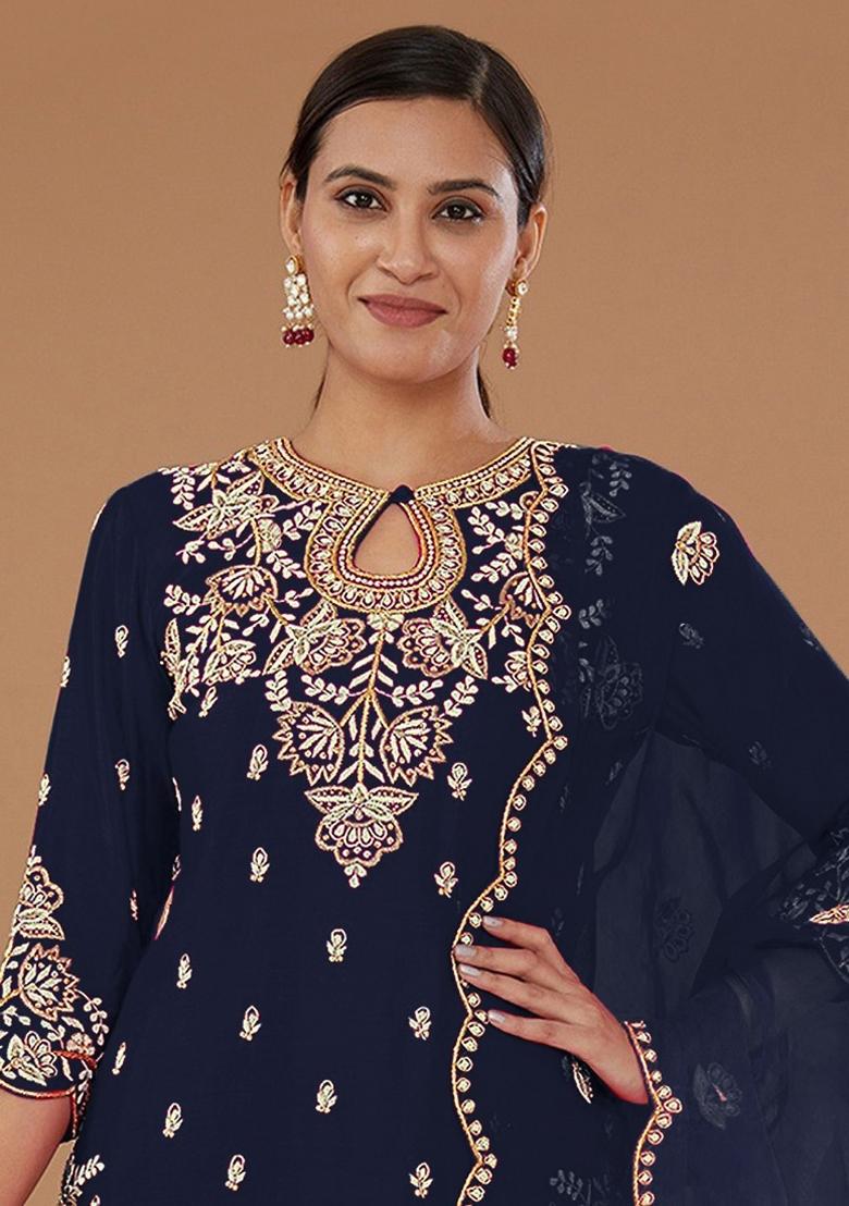 Blue Embroidered Silk Salwar Suit - Indya