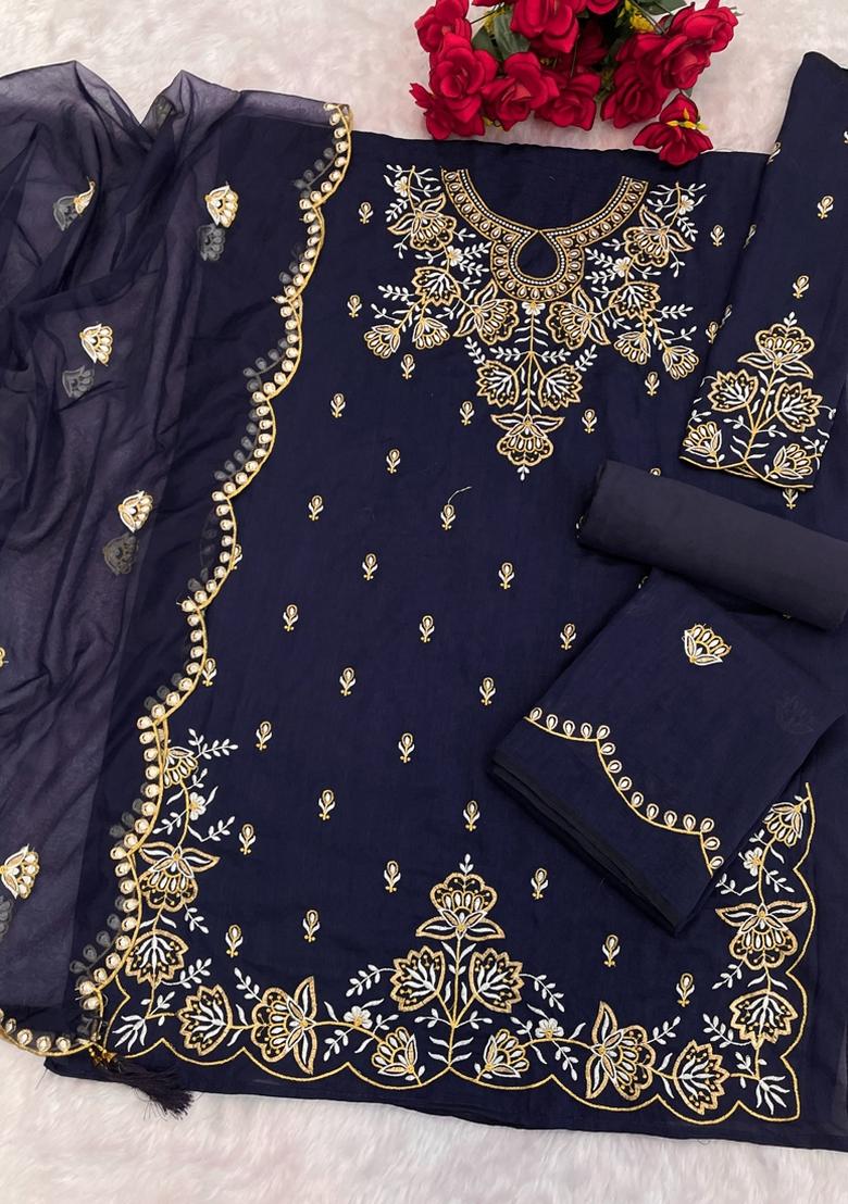 Blue Embroidered Silk Salwar Suit
