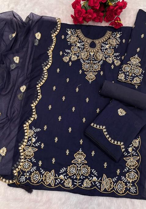 Blue Embroidered Silk Salwar Suit
