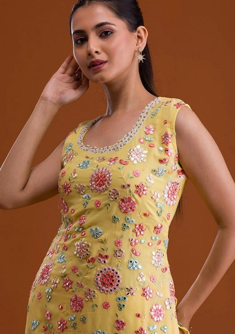 Yellow Embroidered Georgette Salwar Suit - Indya