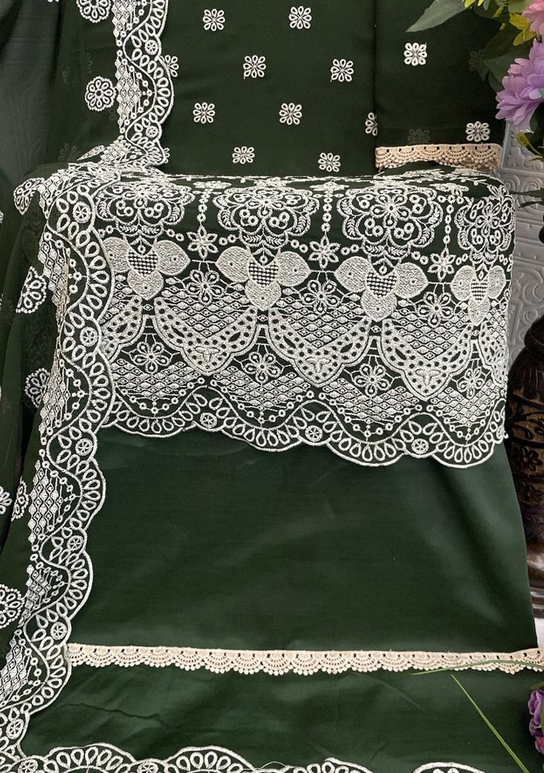 Green Embroidered Georgette Salwar Suit - Indya