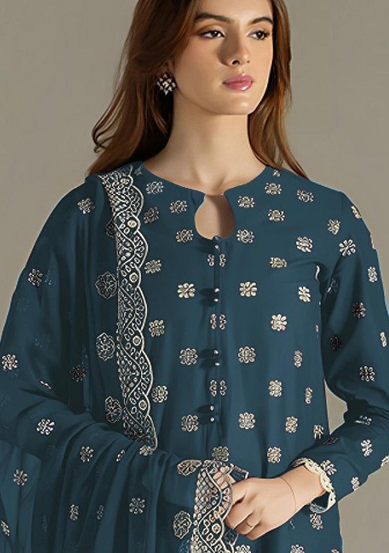 Blue Embroidered Georgette Salwar Suit - Indya