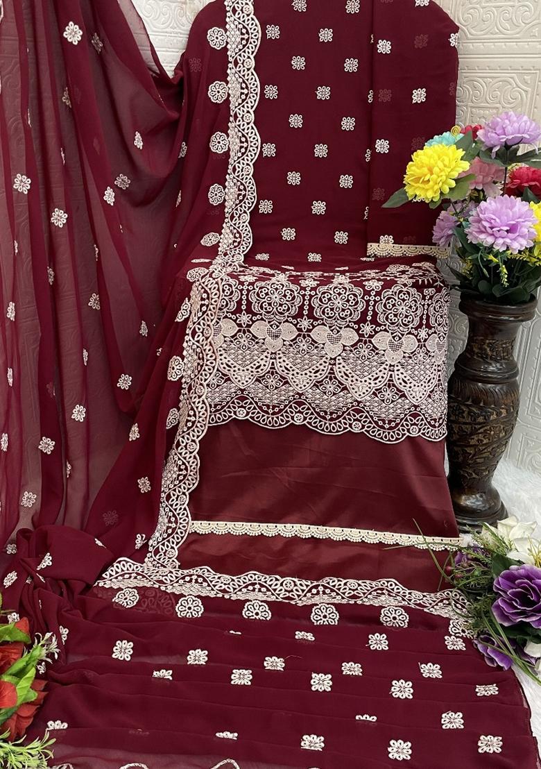 Maroon Embroidered Georgette Salwar Suit - Indya