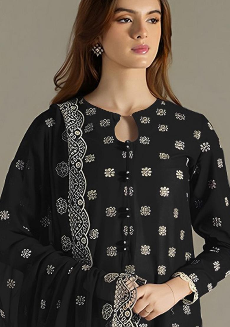 Black Embroidered Georgette Salwar Suit - Indya