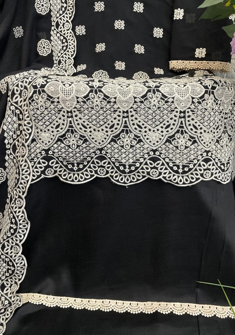 Black Embroidered Georgette Salwar Suit - Indya