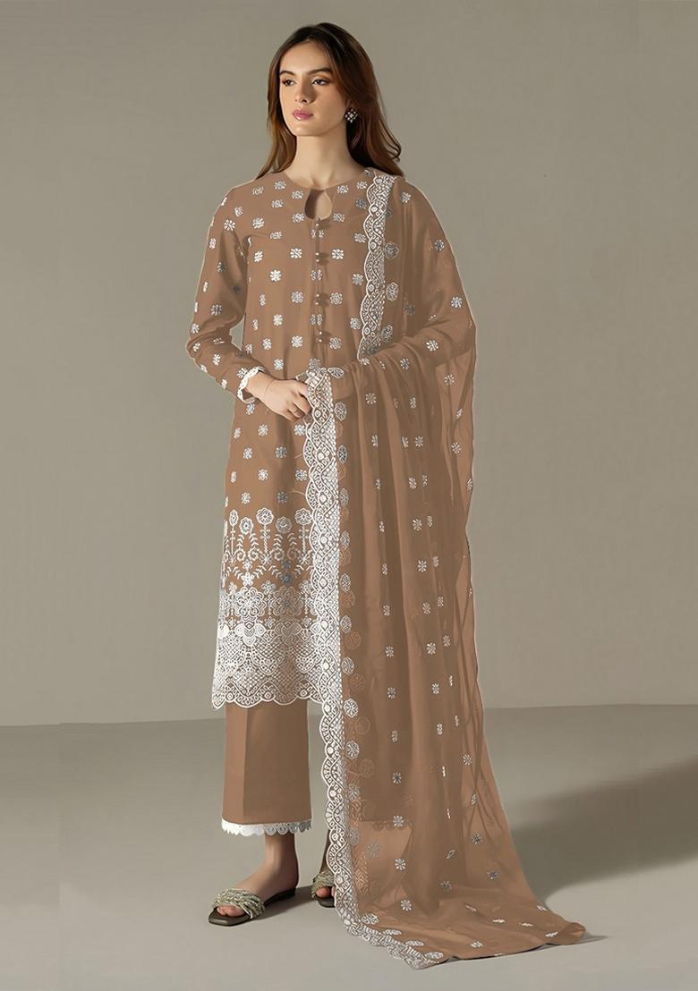 Beige Embroidered Georgette Salwar Suit